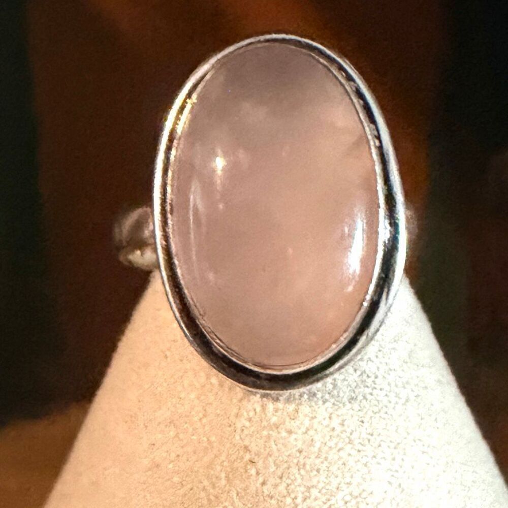 Large Rose Quartz Oval Cabochon  Silver Tone Ring